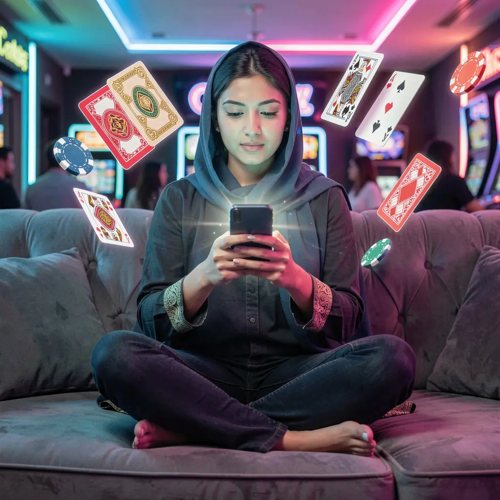 Stylish Pakistani woman relaxing on a sofa while using the XC7777 casino app as neon cards and chips float around her