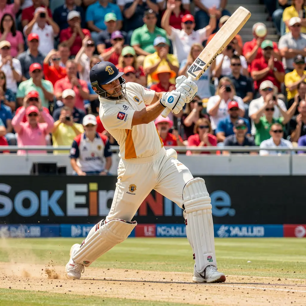 Intense moment of a professional cricket batsman striking the ball in a packed stadium highlighting live match betting opportunities with XC7777 in Pakistan