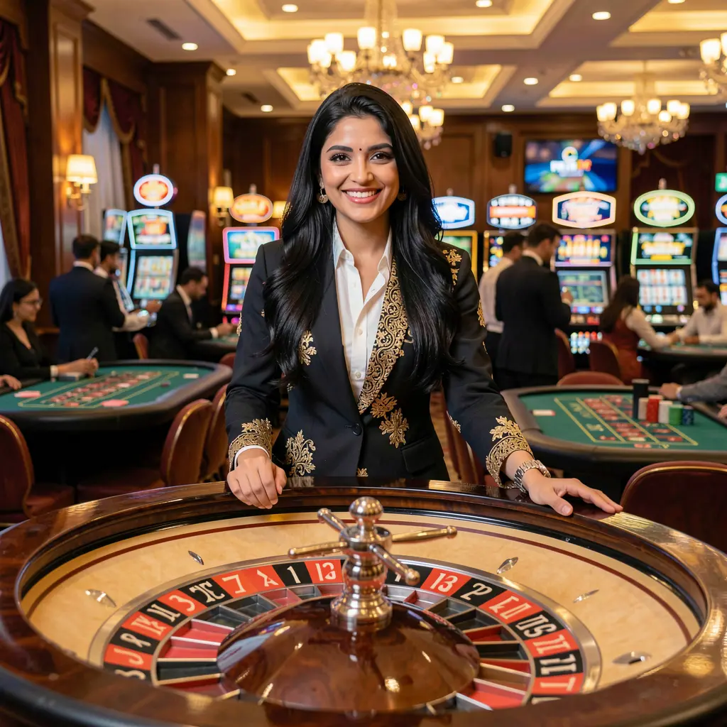 Professional live casino dealer standing at a roulette table with vibrant lighting and a luxury casino atmosphere showcasing the immersive live gaming experience at XC7777 in Pakistan
