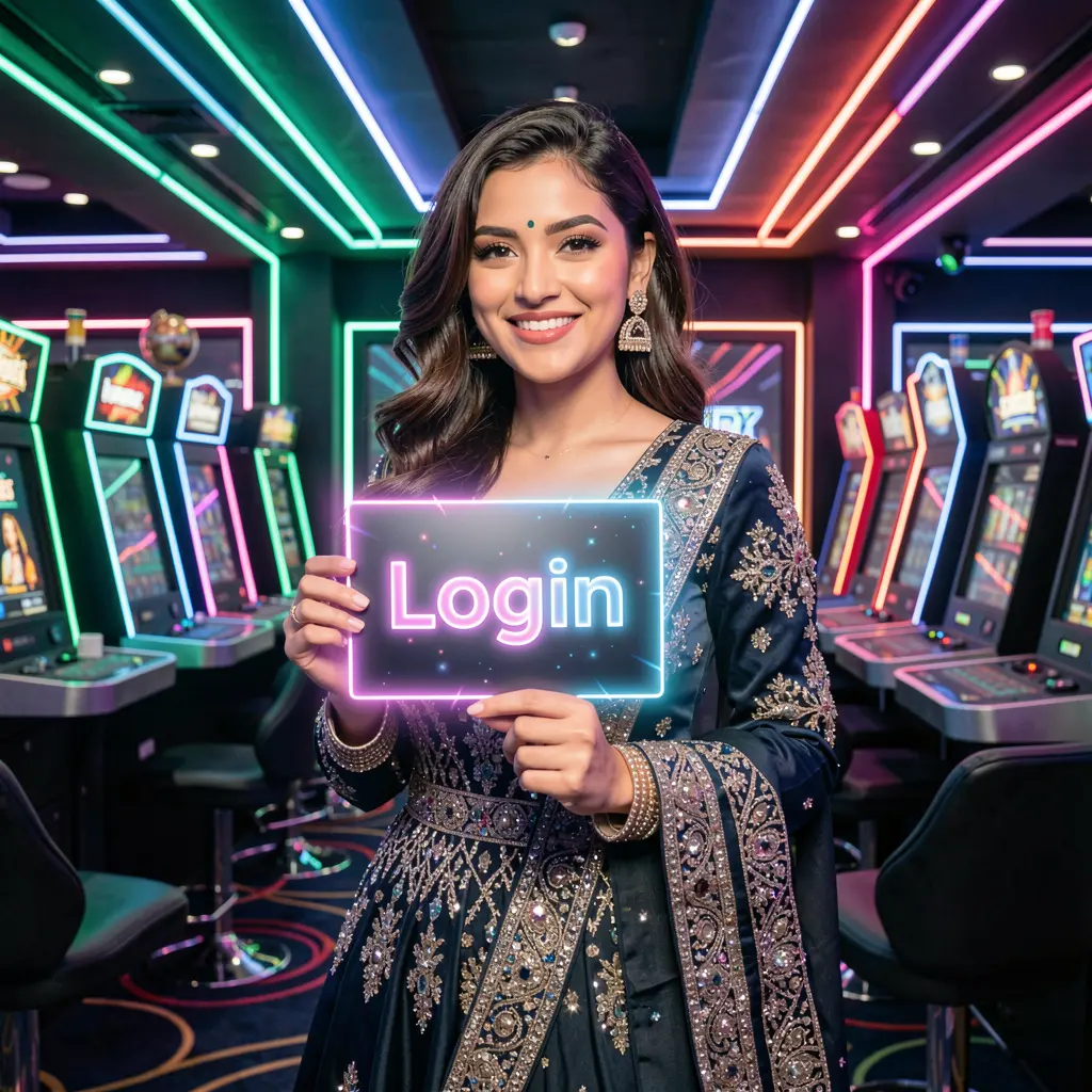 Stylish Pakistani woman holding a glowing login card in a neon casino atmosphere representing secure access at XC7777 Pakistan