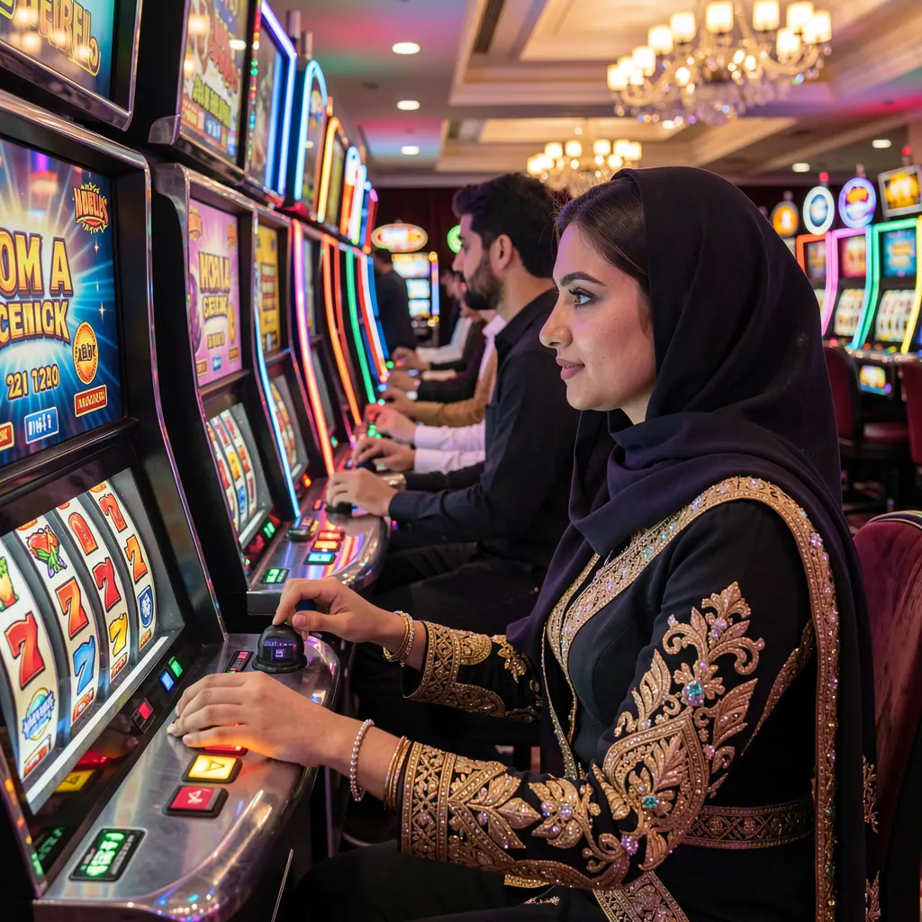 A focused Pakistani woman enjoying vibrant slot machine gameplay at XC7777 casino with colorful lights and an immersive gaming atmosphere